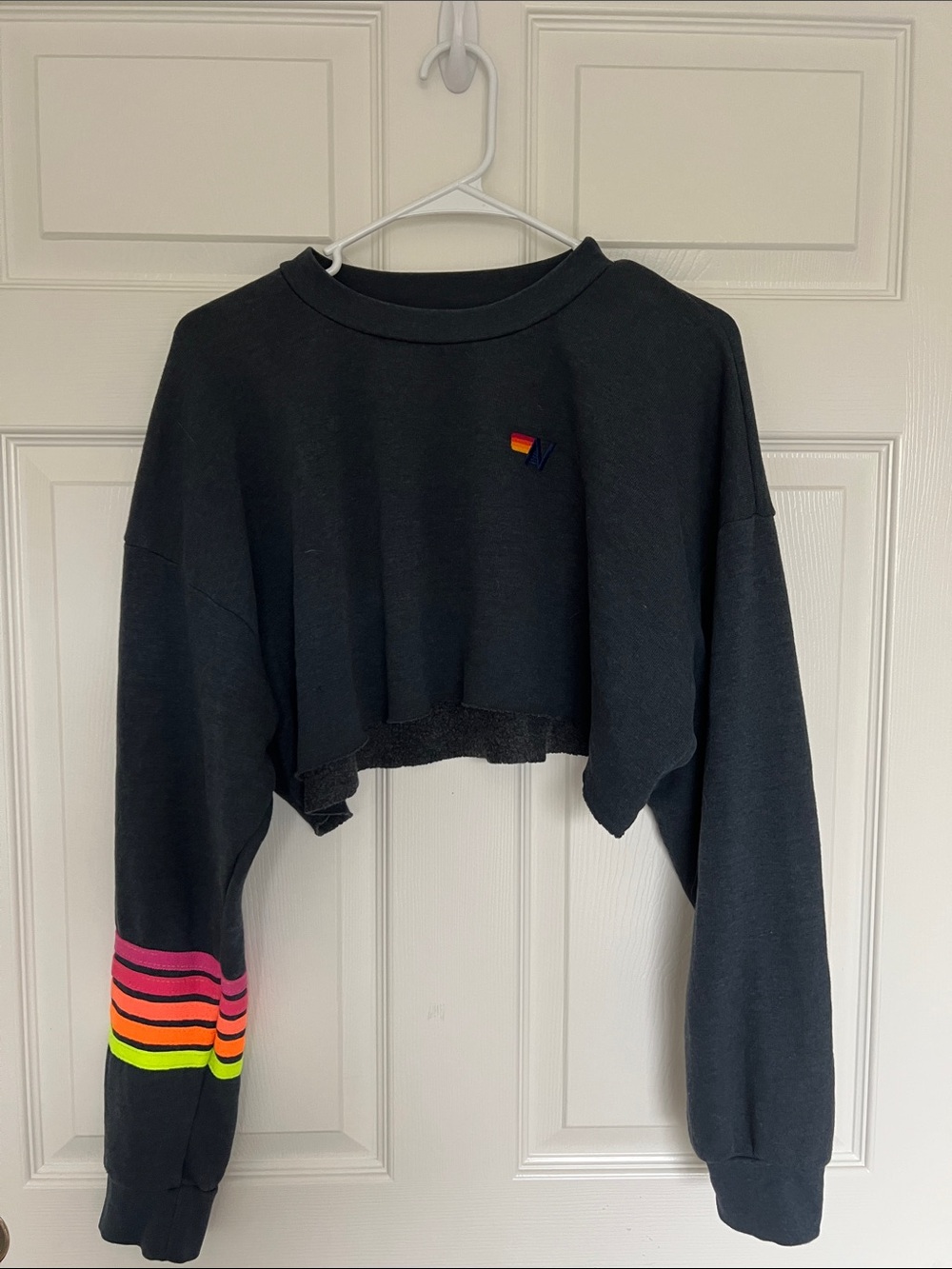 Aviator Nation Black Cropped Sweatshirt with Neon Sleeve Stripes